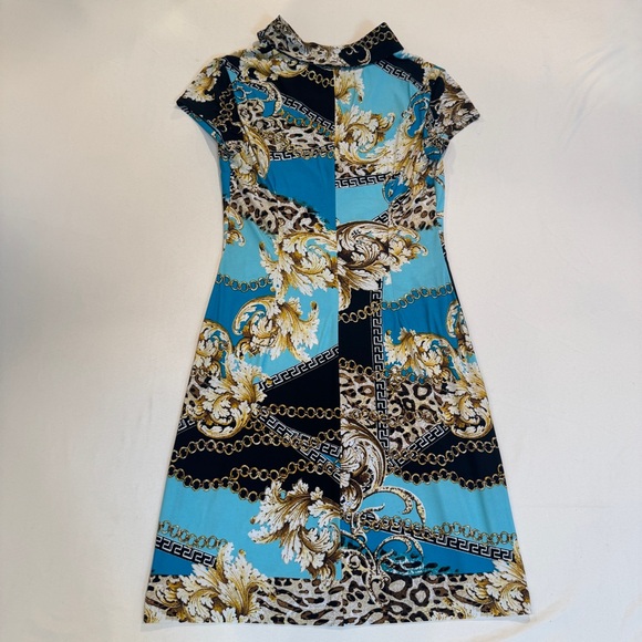 Vintage Cache Elegant Blue and Black Patterned Dress, Animal Print Chain Details - Picture 2 of 6